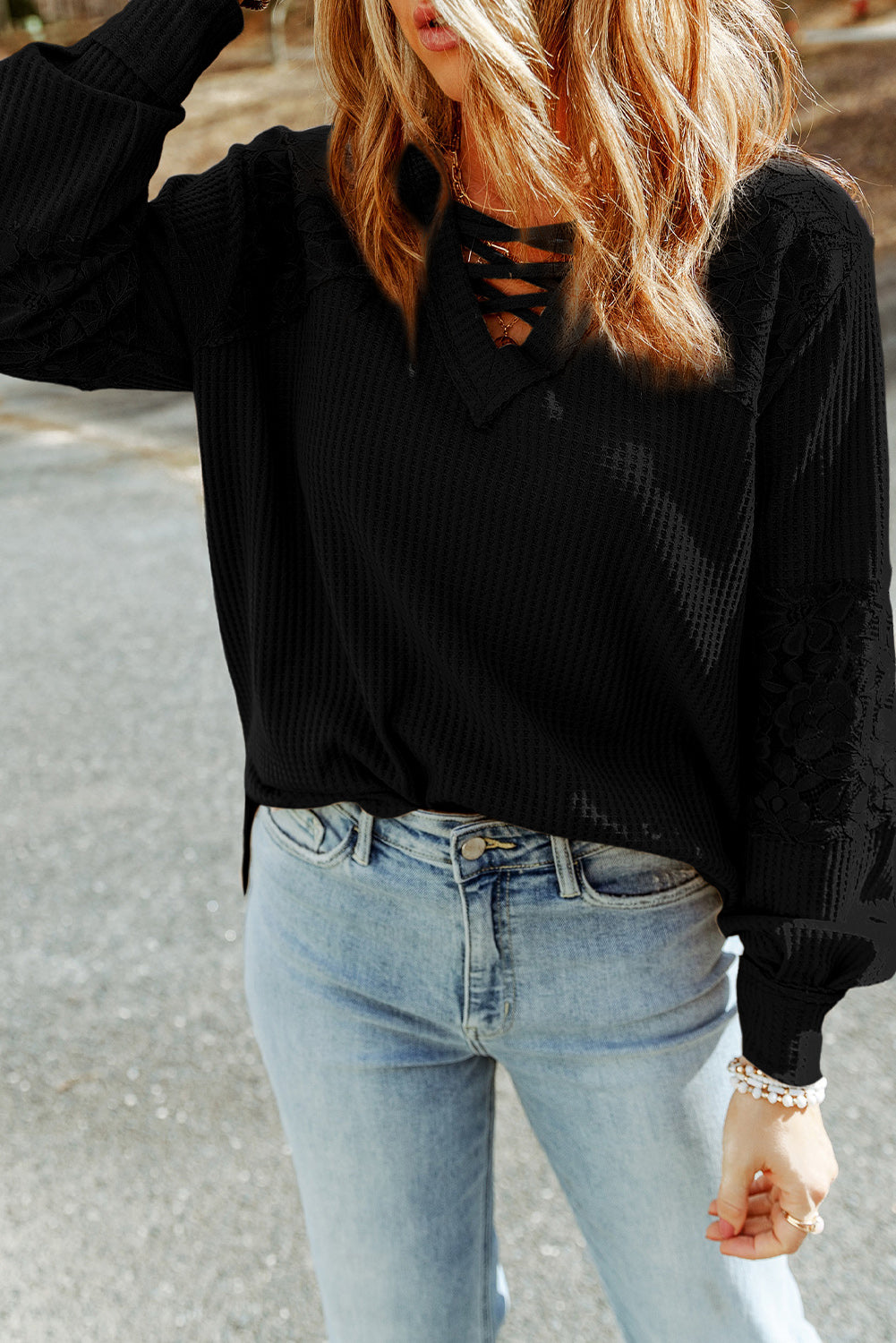 Black Lace Waffle Patchwork Strappy V Neck Long Sleeve Top-yoyobikini