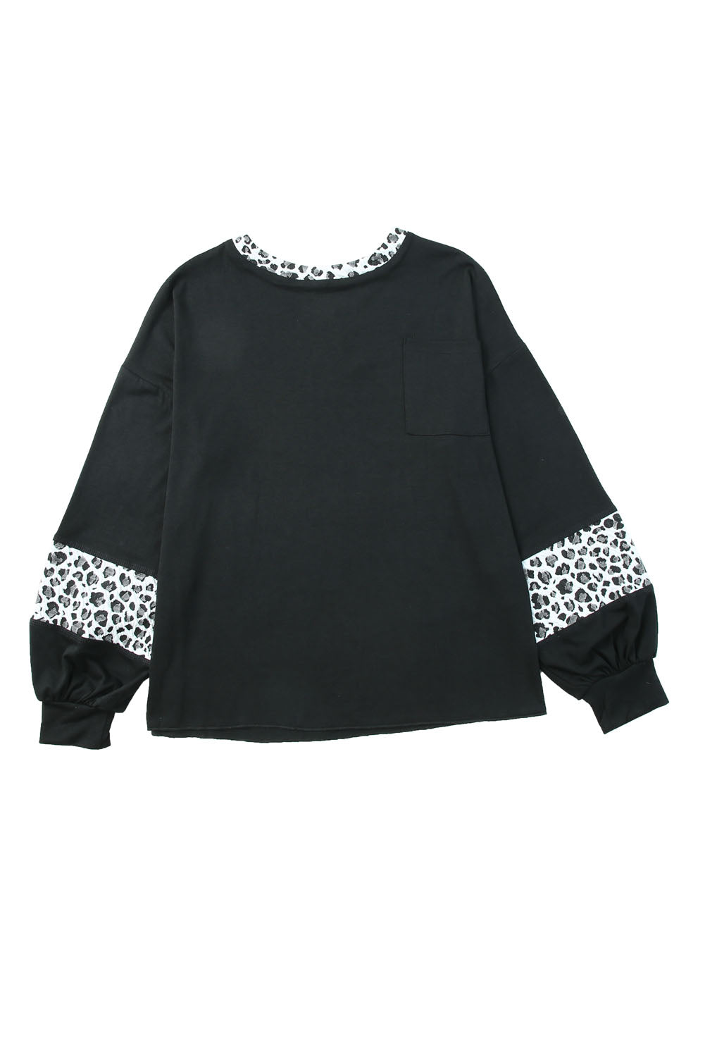 Black Leopard Print Balloon Sleeve Crew Neck Top-yoyobikini