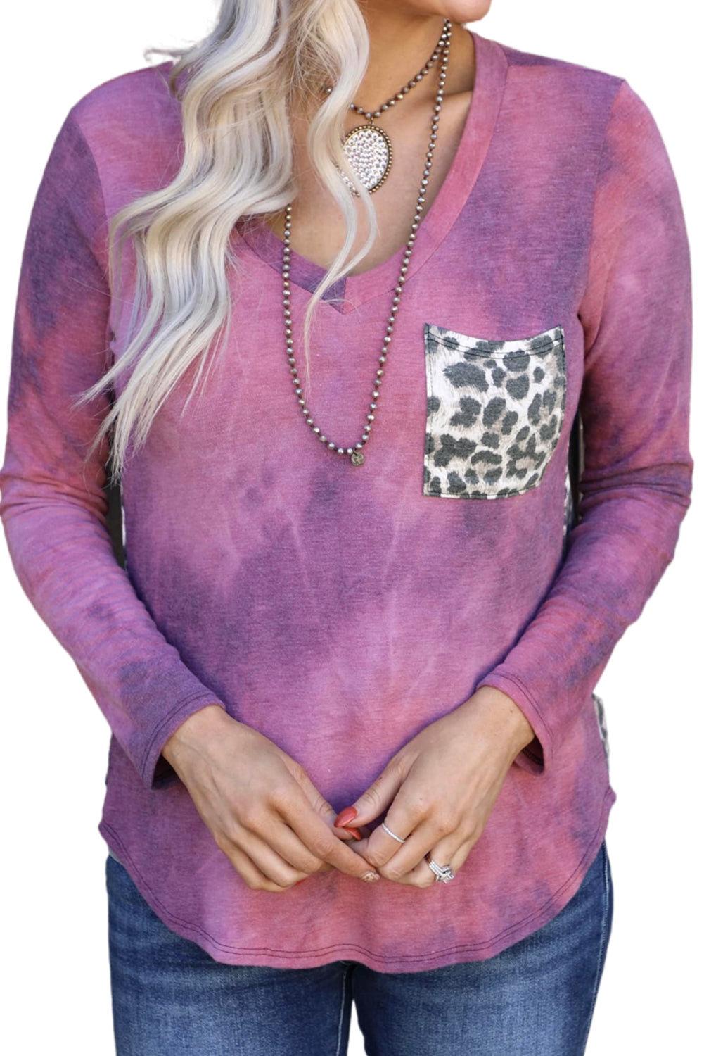 Rose Tie Dye Leopard Patchwork Pocket V Neck Top-yoyobikini
