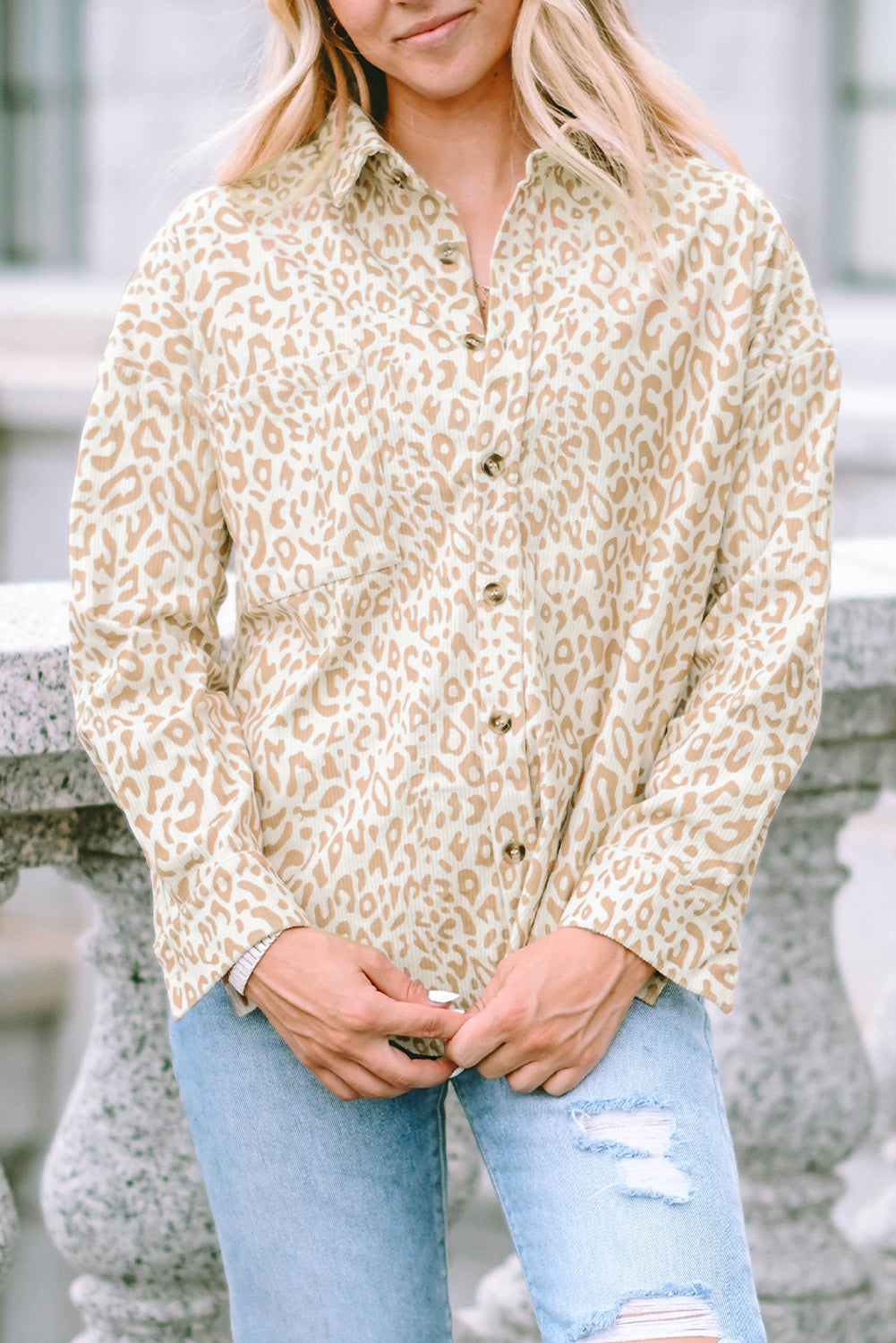 Leopard Corduroy Button Up Shirt-yoyobikini