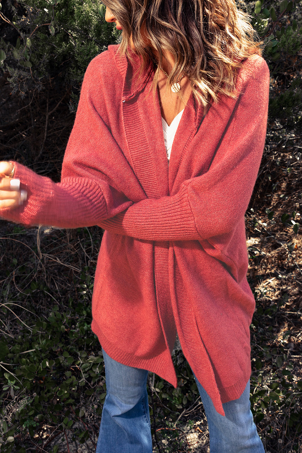 Rib Trimmed Batwing Sleeve Hooded Cardigan-yoyobikini