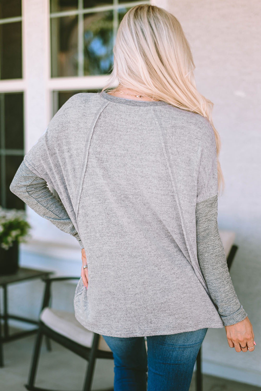 Gray Exposed Seam Patchwork Long Sleeve Top-yoyobikini