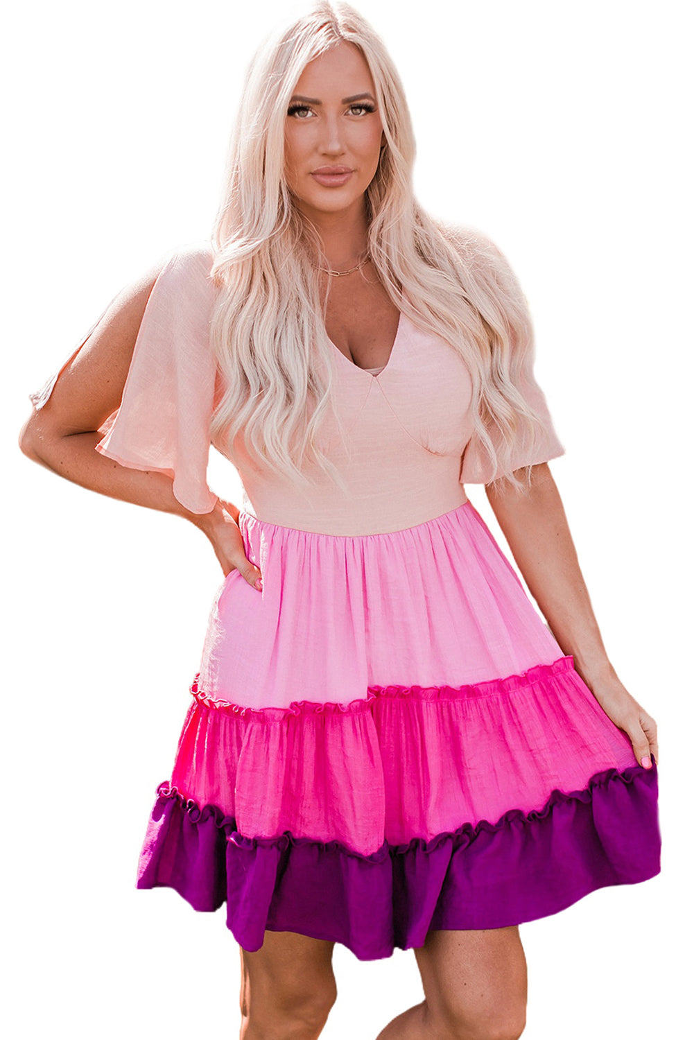 Pink Ombre Colorblock Tiered Dress-yoyobikini