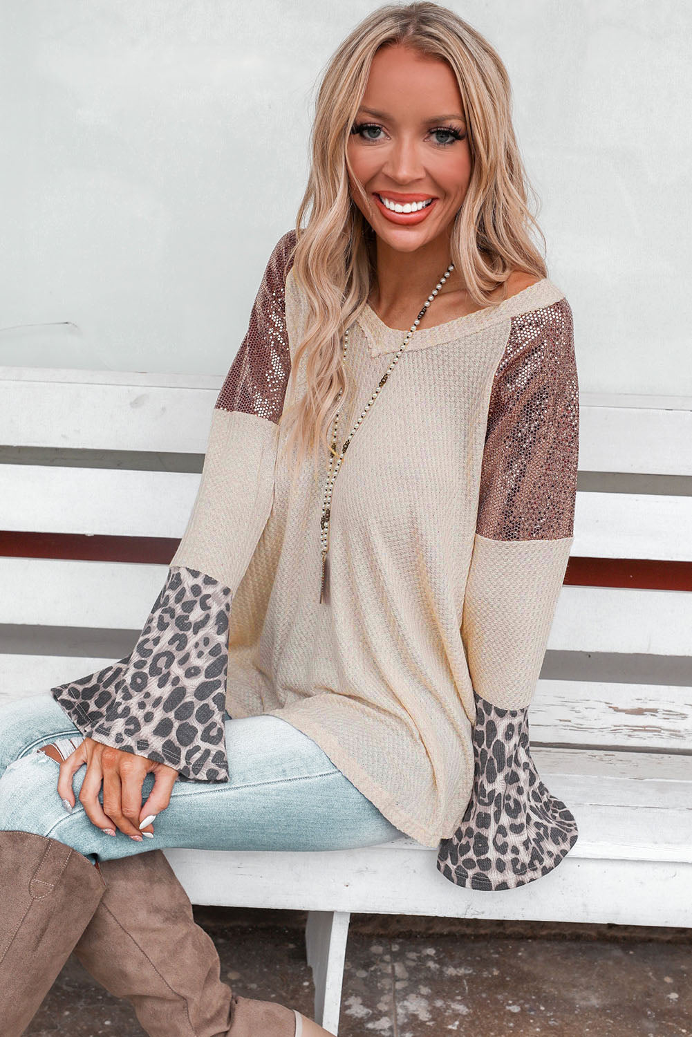 Leopard Sequin Patchwork Bell Sleeve V Neck Tunic Top-yoyobikini