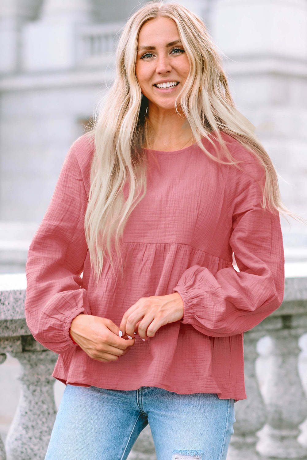 Pink Bubble Sleeve Textured Flowy Blouse-yoyobikini