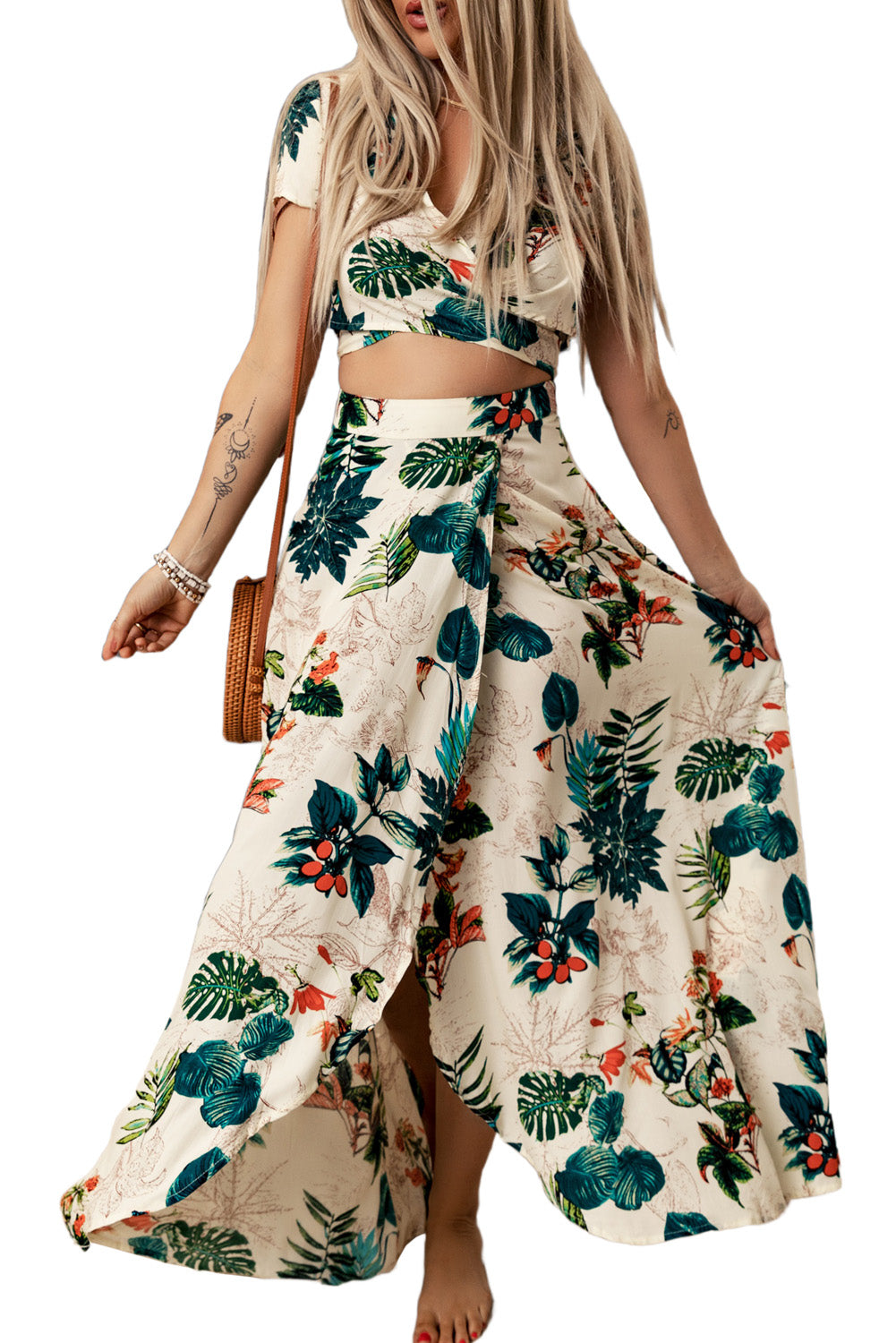 Apricot Tropical Print Crop Top and Maxi Skirt Set-yoyobikini