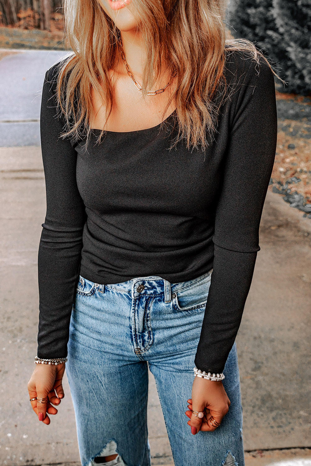 Black Asymmetric Neckline Slim Fit Long Sleeve Top-yoyobikini