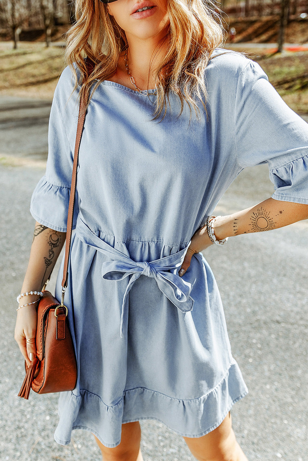 Sky Blue Ruffle Trim Half Sleeve Belted Denim Dress-yoyobikini