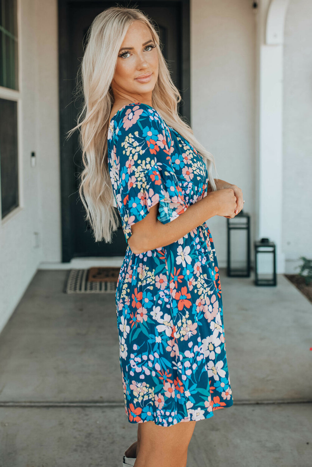 Blue Square Neck Ruffle Floral Dress-yoyobikini