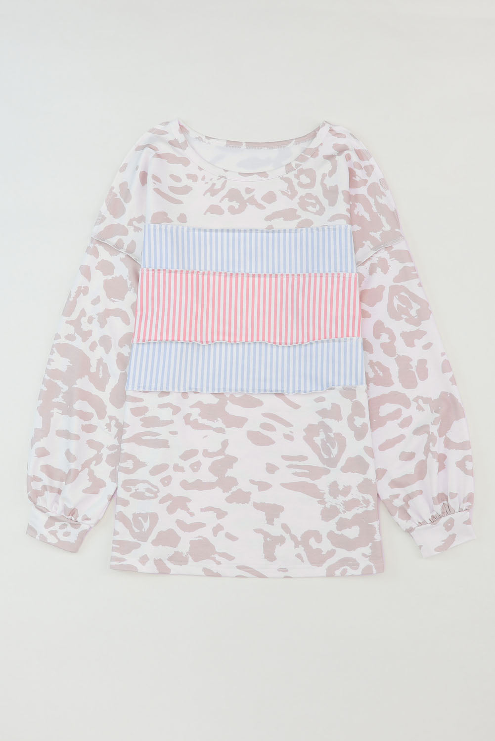 Leopard Animal Print Contrast Stripes Patchwork Puff Sleeve Knit Top-yoyobikini