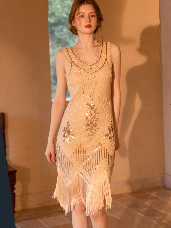 Party Dresses Champagne V-Neck Fringe Sleeveless Floral Print Semi For