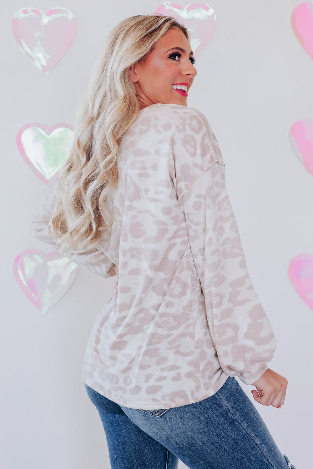 Leopard Animal Print Contrast Stripes Patchwork Puff Sleeve Knit Top-yoyobikini