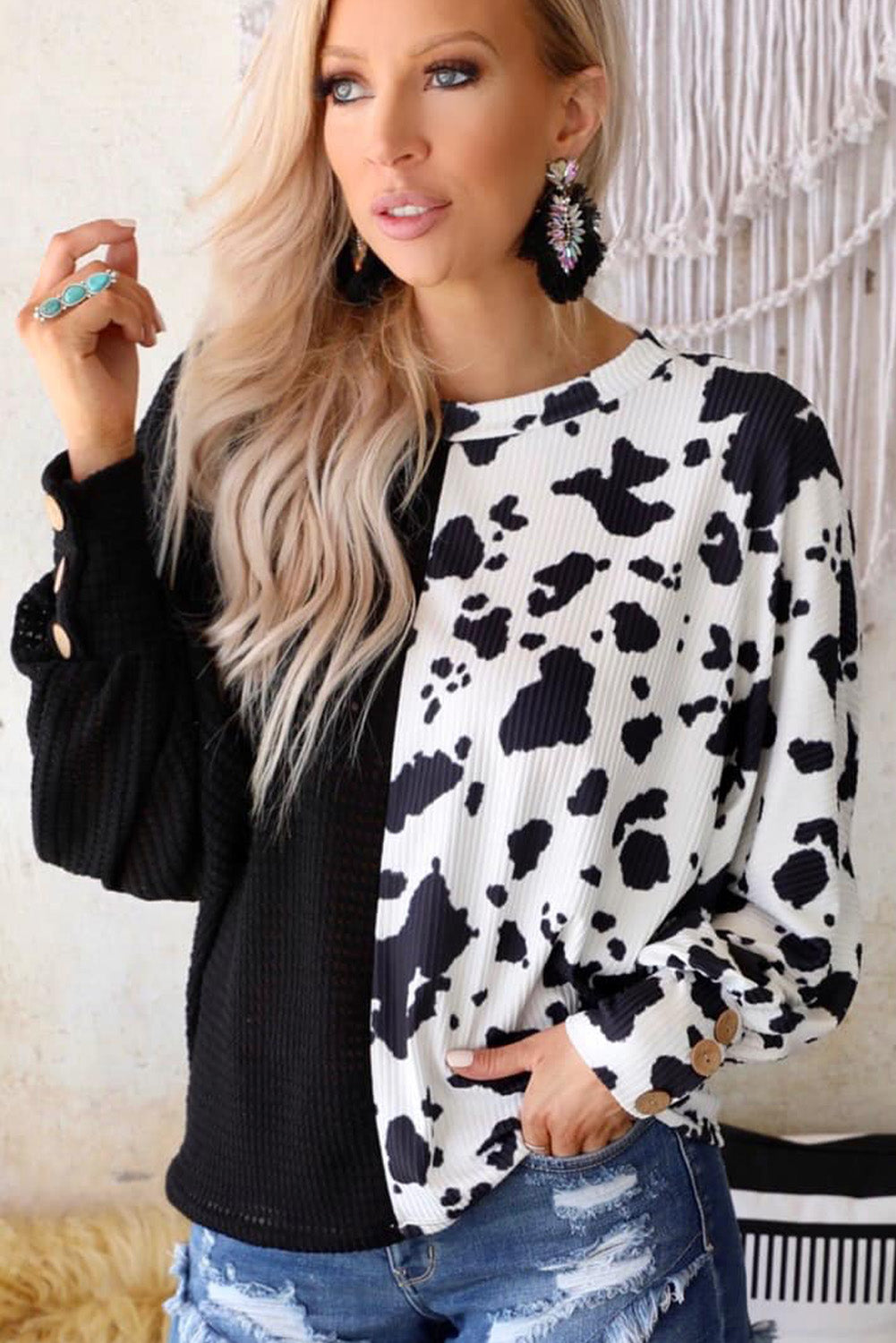 Black Cow Patchwork Waffle Knit Long Sleeve Top-yoyobikini