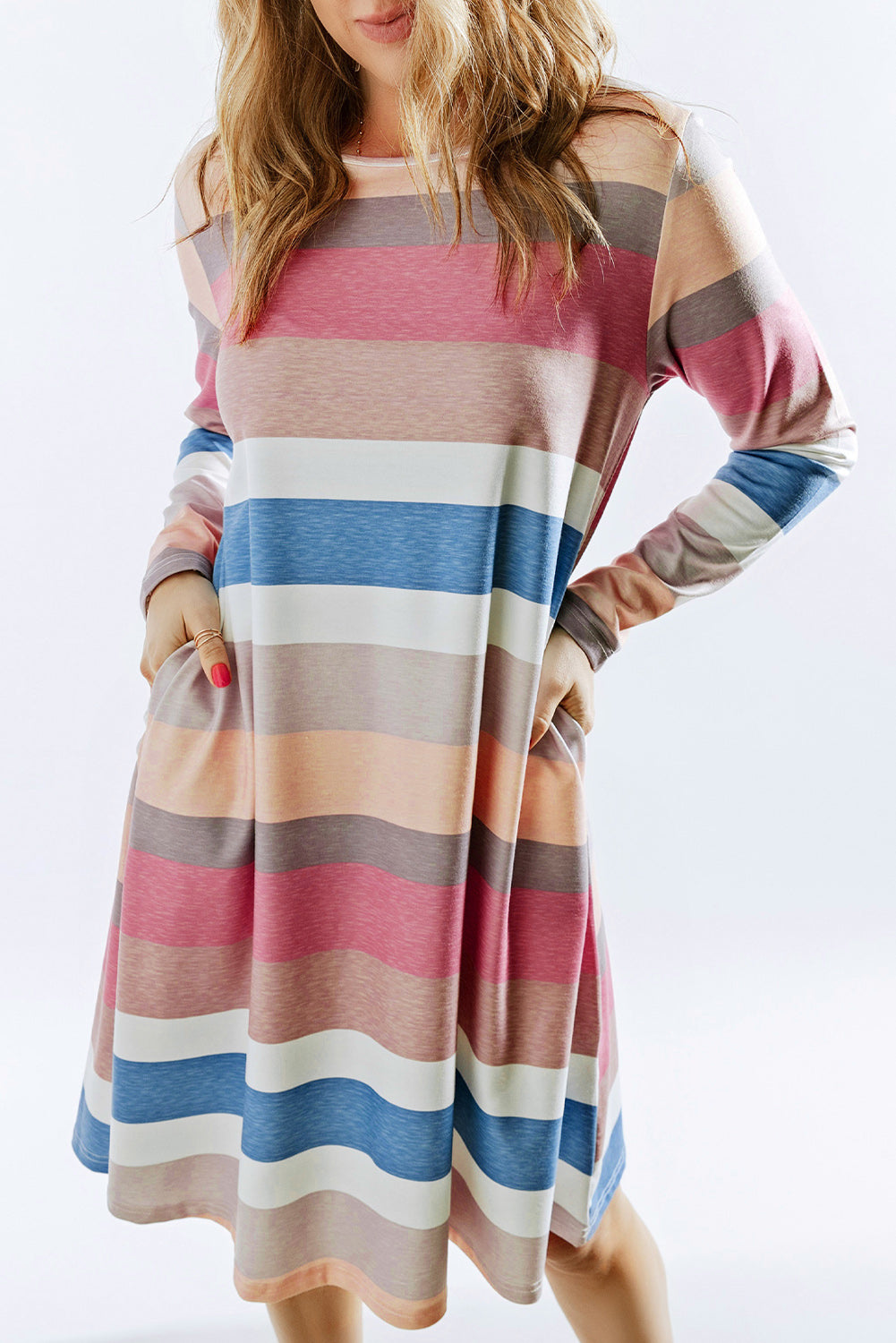 Rainbow Long Sleeve Stripes Mini Dress-yoyobikini
