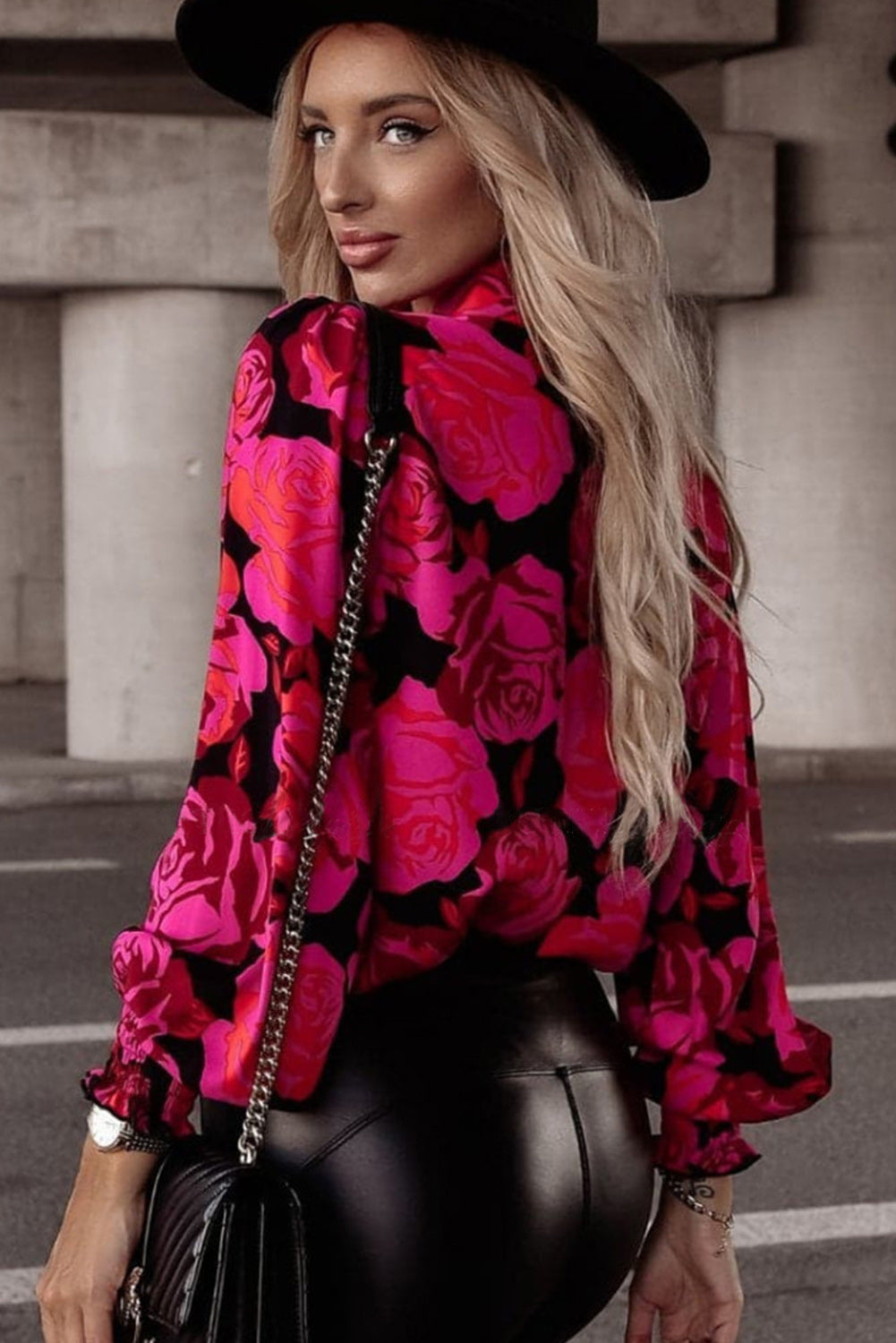 Rose Floral Shirred Cuffs Long Sleeve Shirt-yoyobikini