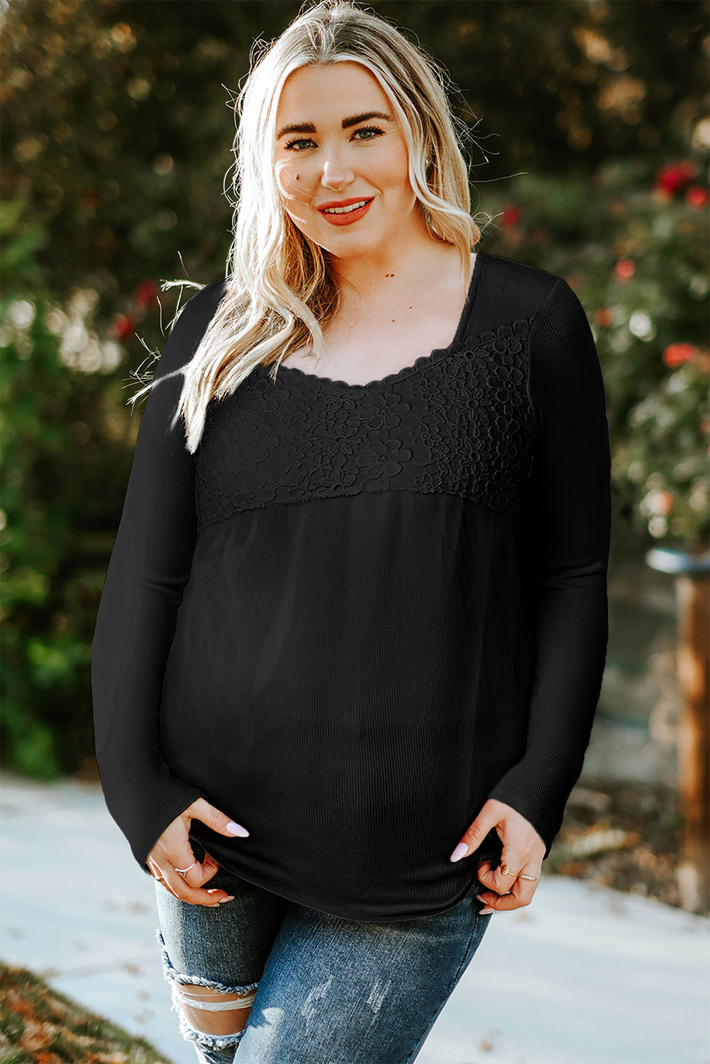 Black Lace Crochet V Neck Long Sleeve Top-yoyobikini