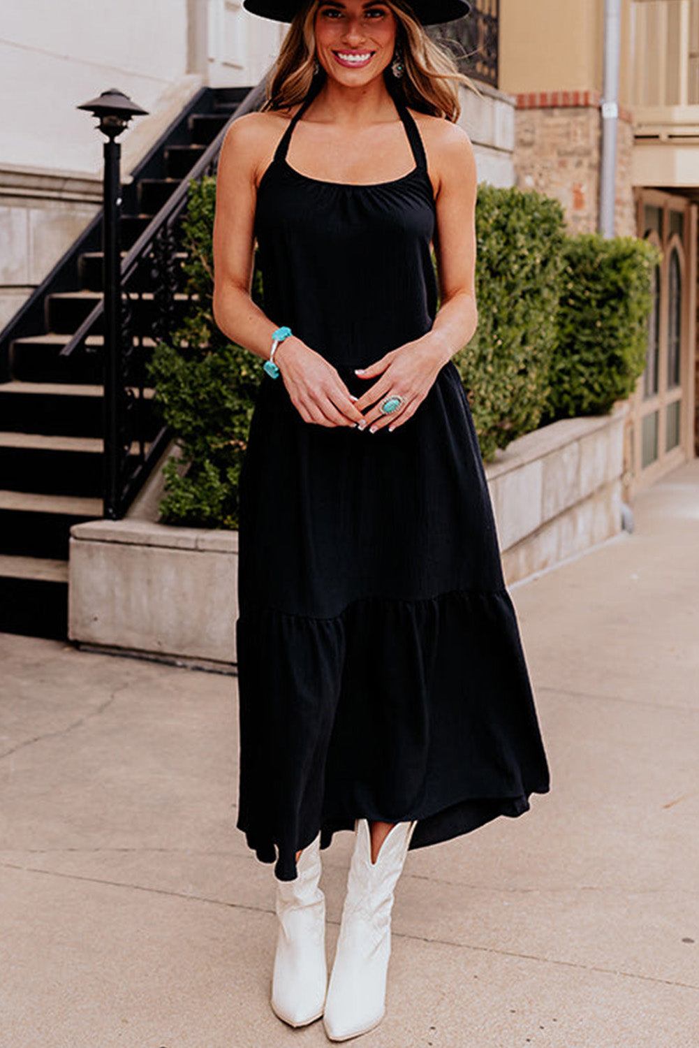 Black Halter Neck Backless Midi Dress-yoyobikini