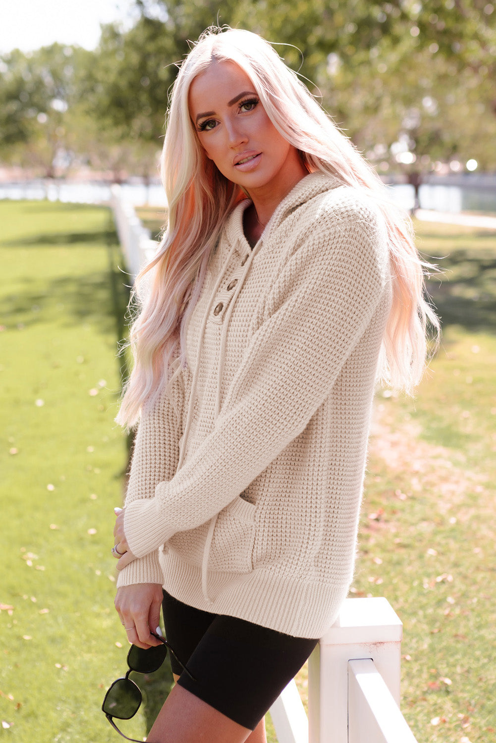 Apricot Waffle Knit Buttons Hooded Sweater with Pocket-yoyobikini