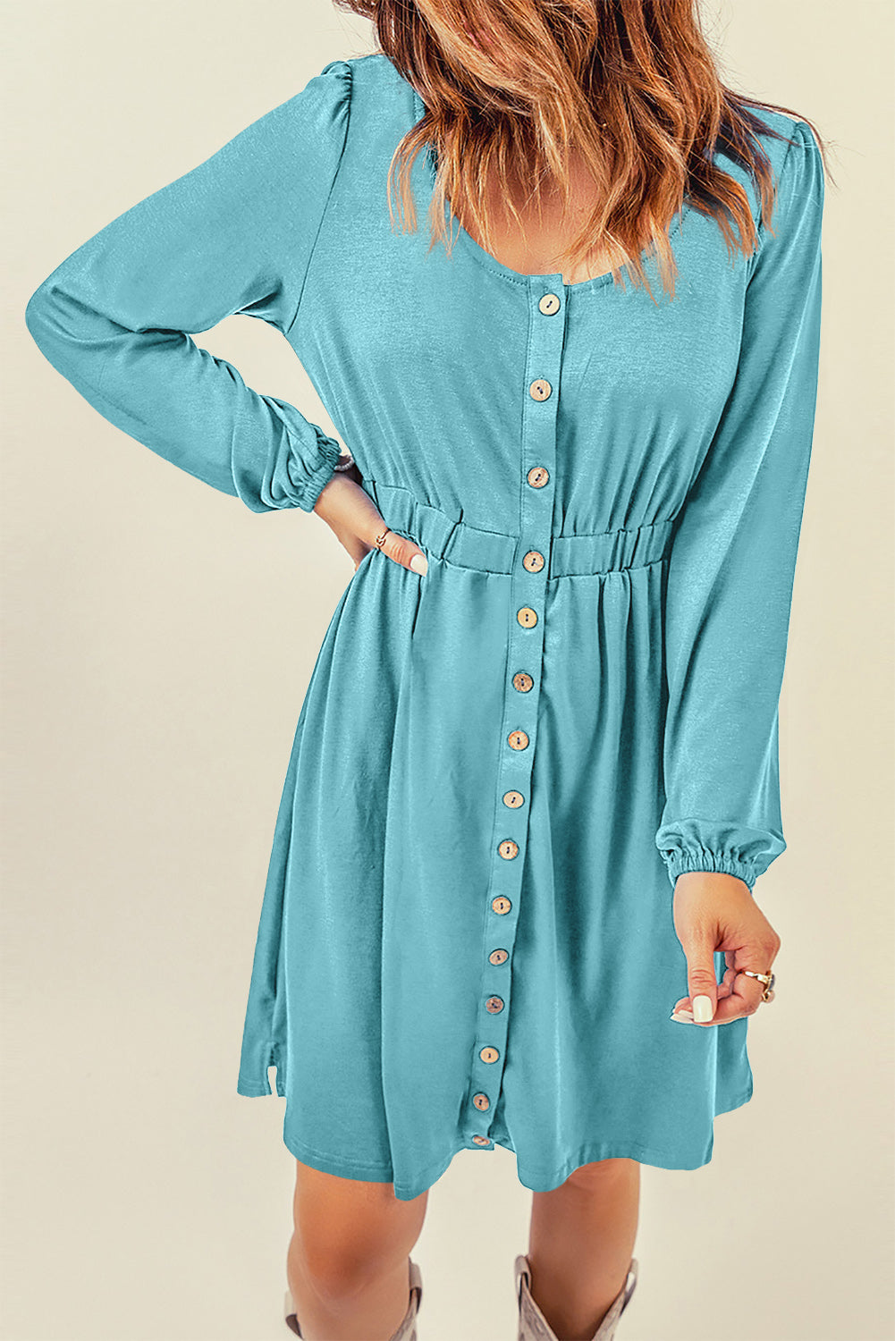Sky Blue Button Up High Waist Long Sleeve Dress-yoyobikini