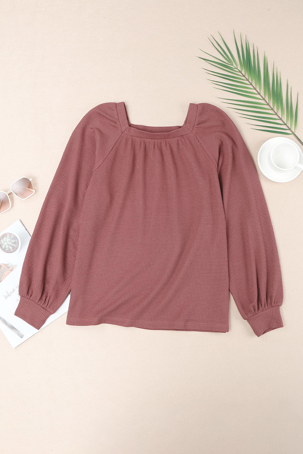 Square Neck Puff Sleeve Waffle Knit Top-yoyobikini
