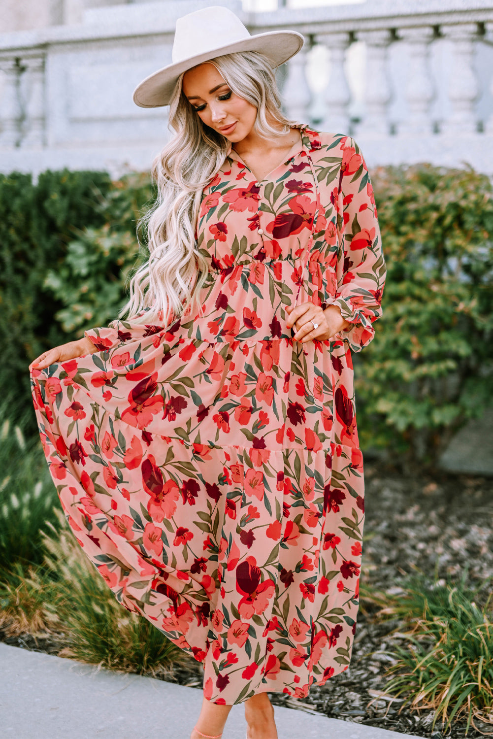 Red Frilled Collar Long Sleeve Tiered Maxi Floral Dress-yoyobikini
