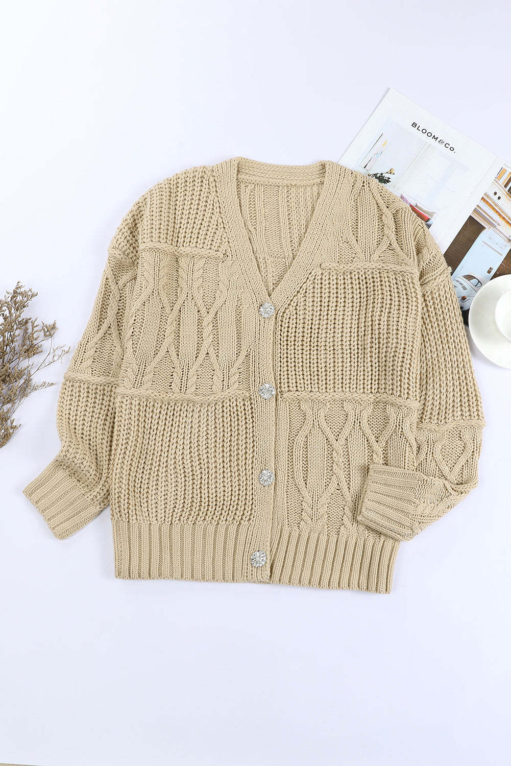Apricot Buttons Front Patterned Texture Knit Cardigan-yoyobikini