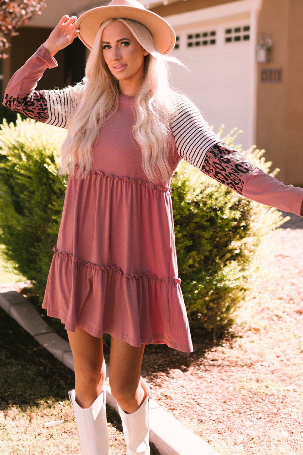 Pink Striped Leopard Patchwork Long Sleeve Mini Dress-yoyobikini