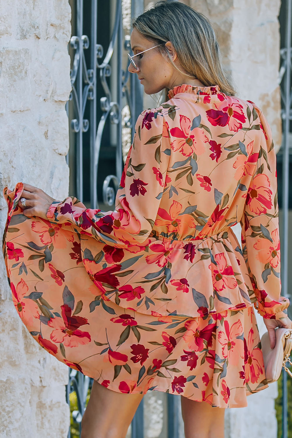 Red Frilled Collar Long Sleeve Floral Dress with Ruffle-yoyobikini