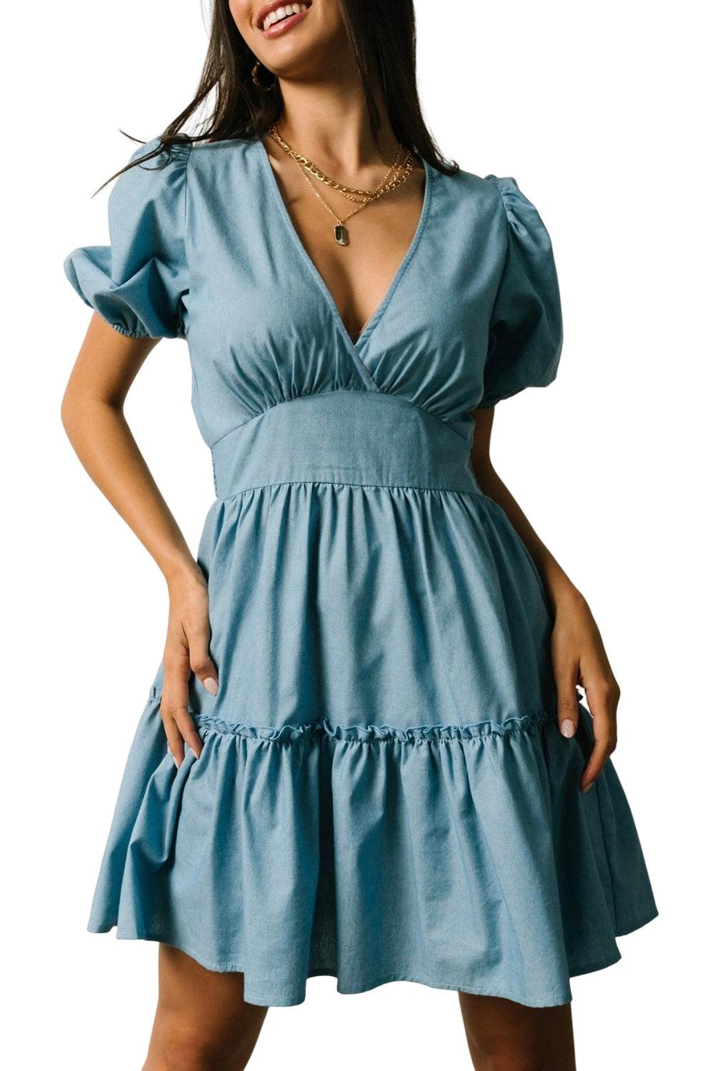 Sky Blue V Neck Bubble Sleeve Ruffle Flared Mini Dress-yoyobikini