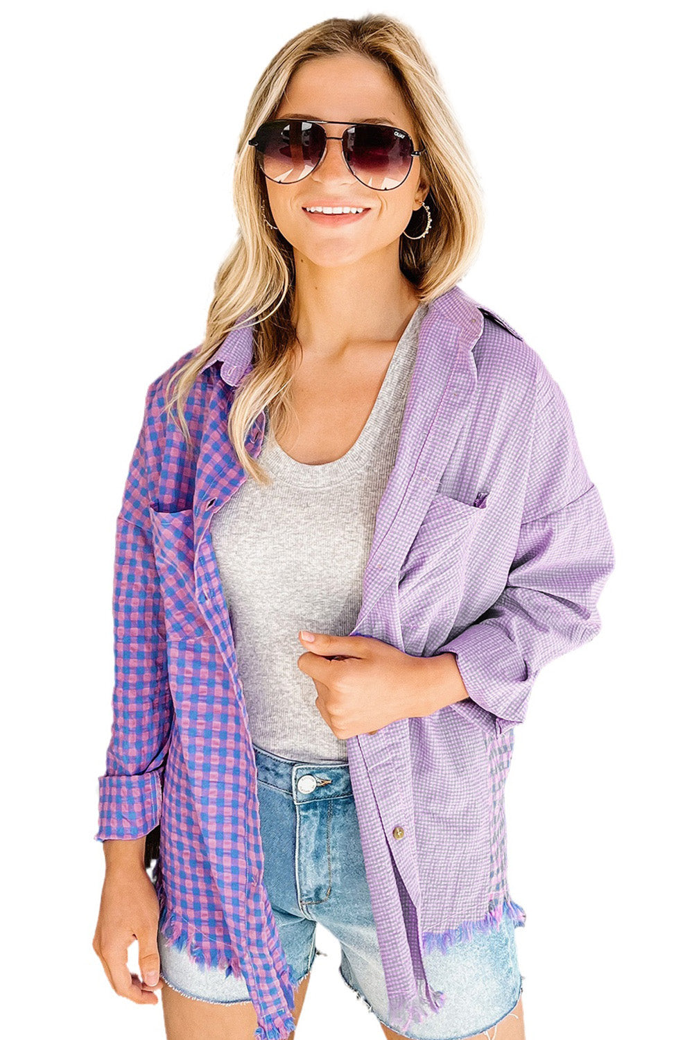 Purple Mixed Plaid Button Down Long Sleeve Chest Pocket Shirt-yoyobikini