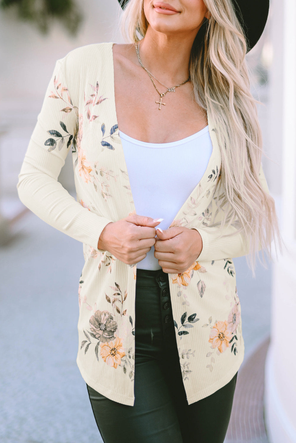 Apricot Floral Print Ribbed Knit Slim Fit Cardigan-yoyobikini