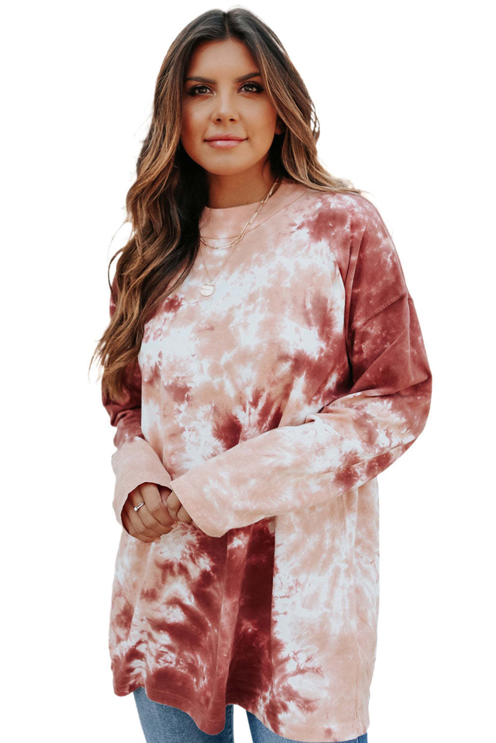 Red Tie Dye Crew Neck Long Sleeve Top-yoyobikini