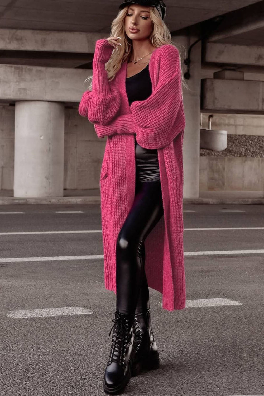 Rose Side Pockets Bubble Sleeve Knitted Cardigan-yoyobikini