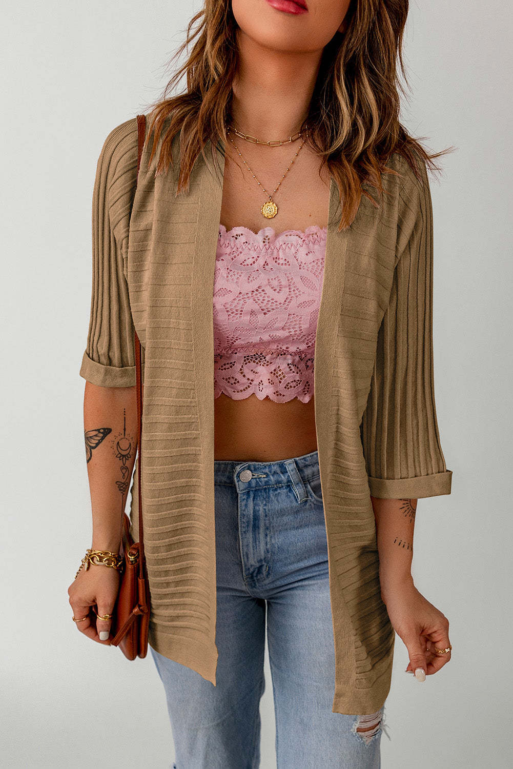 Brown Ribbed Open Front Knit Cardigan-yoyobikini