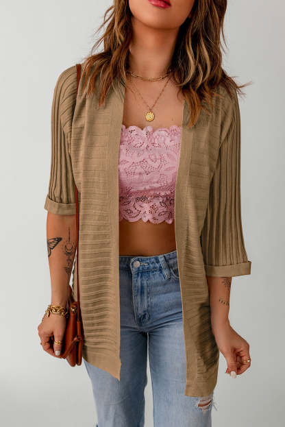 Brown Ribbed Open Front Knit Cardigan-yoyobikini