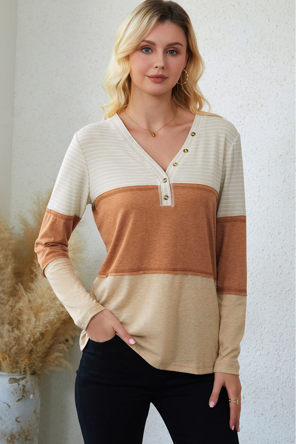 Orange Striped Color Block Henley Top-yoyobikini