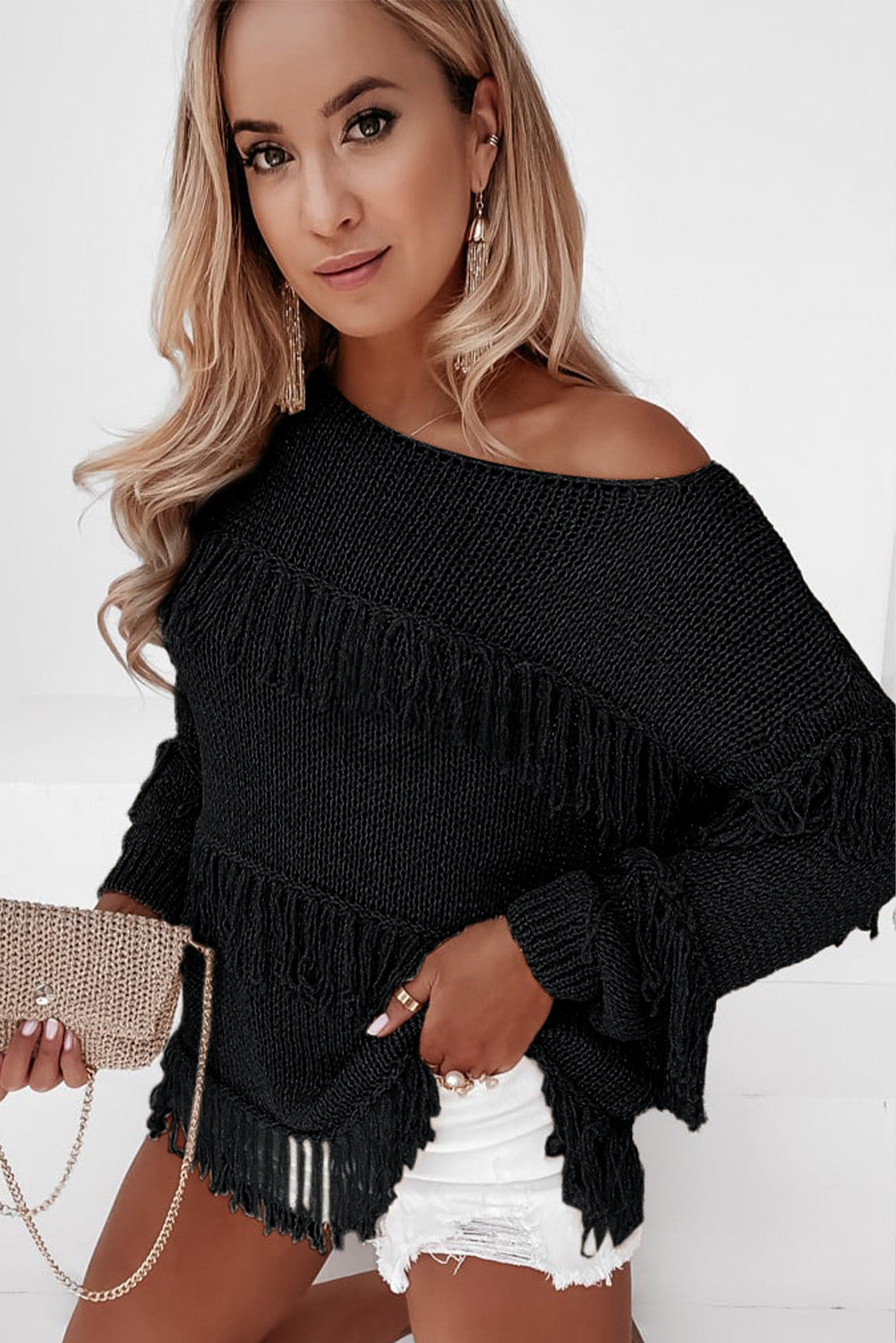 Black Boho Tasseled Knitted Sweater-yoyobikini