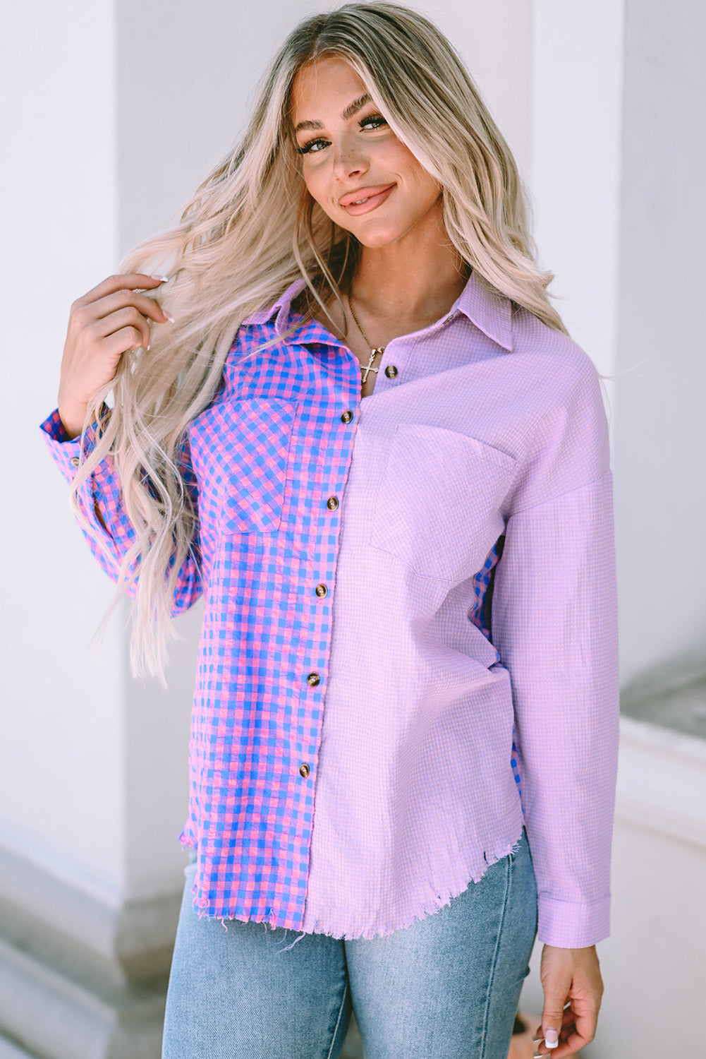 Purple Mixed Plaid Button Down Long Sleeve Chest Pocket Shirt-yoyobikini
