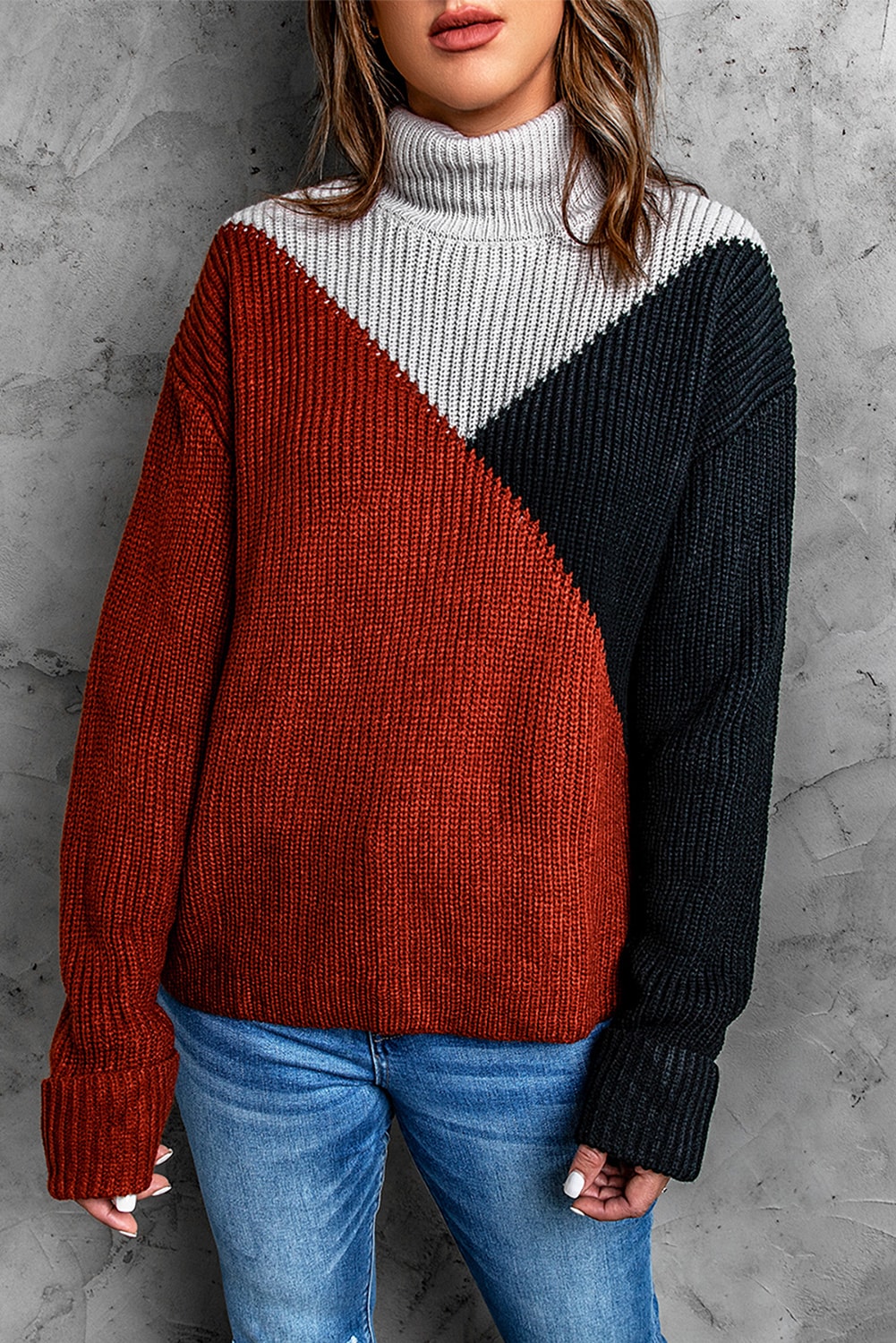 Black Color Block Drop Shoulder Turtleneck Sweater-yoyobikini