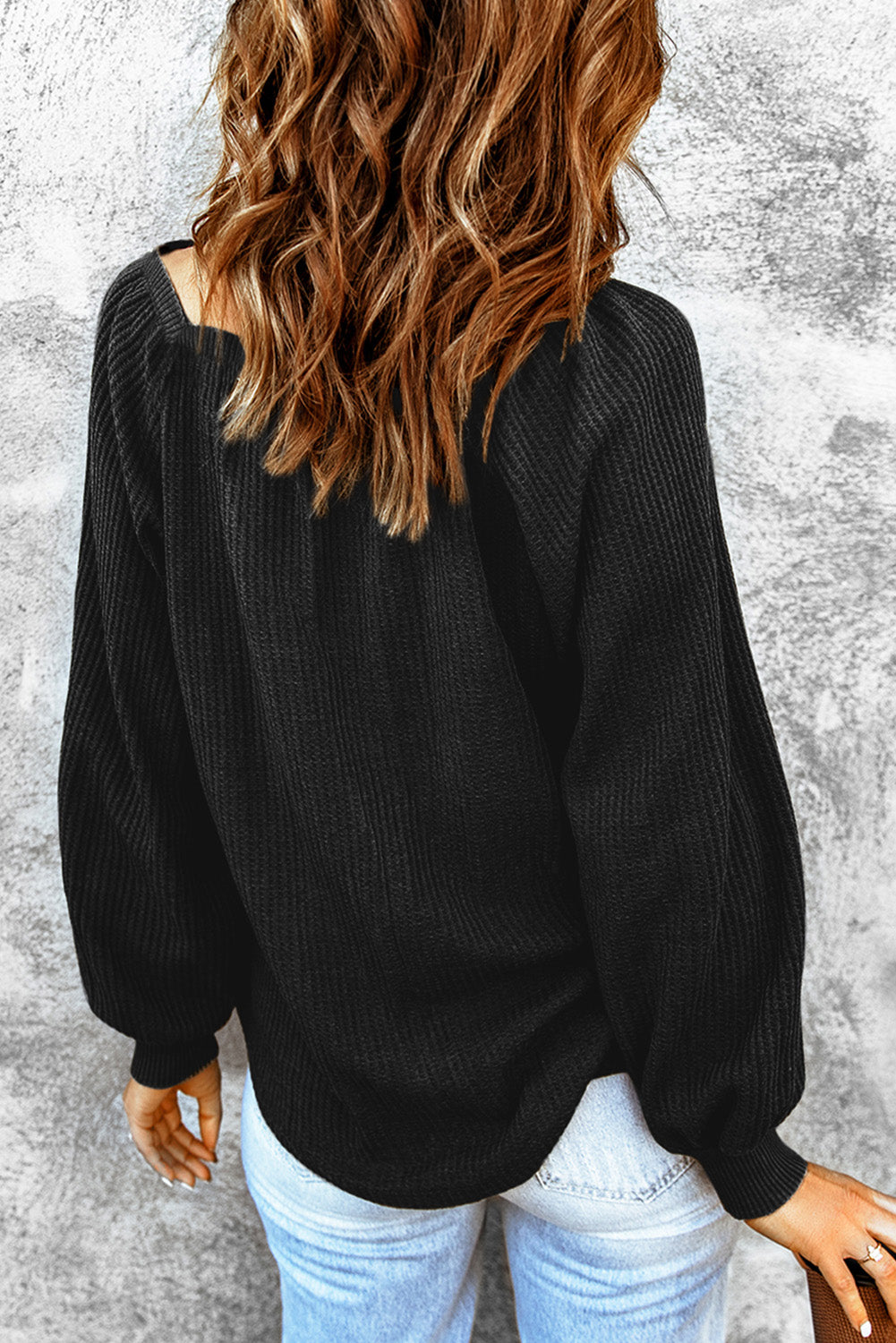 Black Scoop Neck Puff Sleeve Waffle Knit Top-yoyobikini
