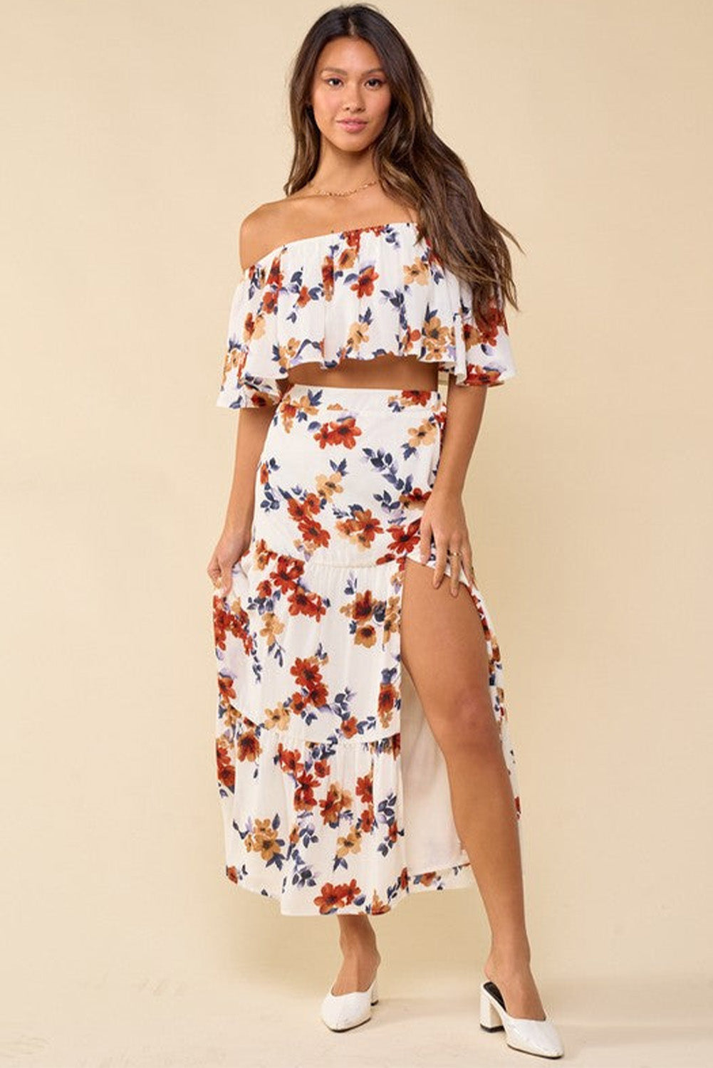 White Floral Print Off-shoulder Crop Top and Maxi Skirt Set-yoyobikini