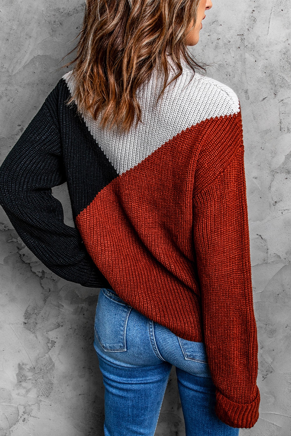 Black Color Block Drop Shoulder Turtleneck Sweater-yoyobikini