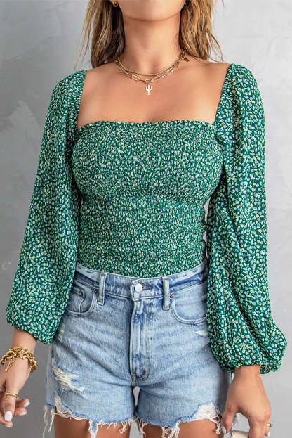 Green Square Neck Puff Sleeve Floral Smocked Top-yoyobikini