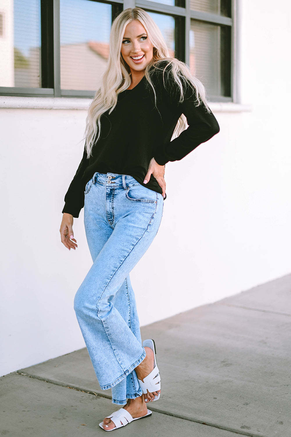 Black Solid Casual Round Neck Raglan Long Sleeve Tee-yoyobikini