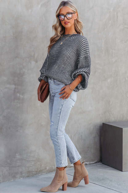 Gray Heathered Knit Drop Shoulder Puff Sleeve Sweater-yoyobikini