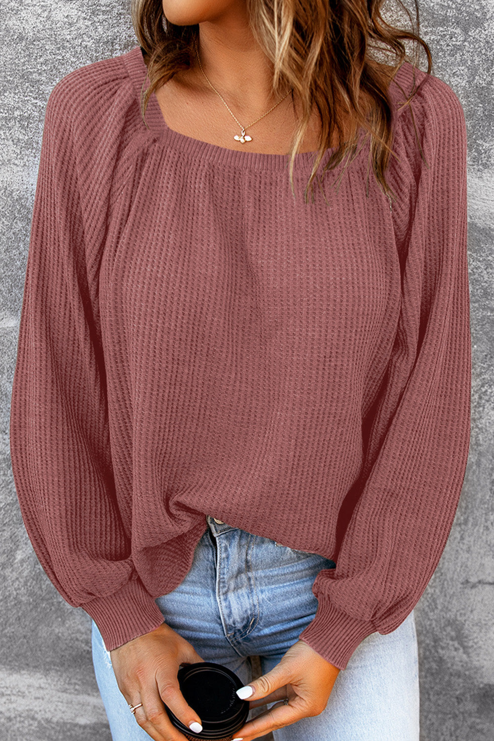 Square Neck Puff Sleeve Waffle Knit Top-yoyobikini