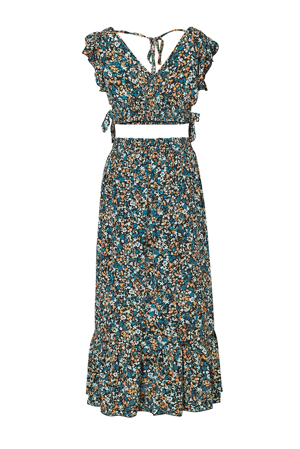 Multicolor Floral Ruffled Crop Top and Maxi Skirt Set-yoyobikini