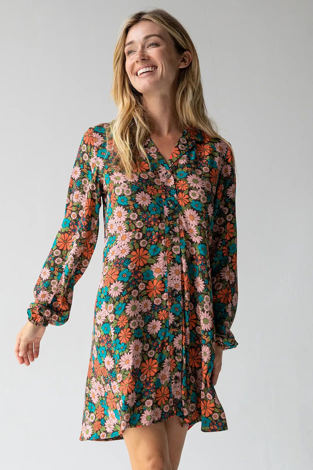 Multicolour Vibrant Floral Print Lapel Collar Button Closure Shirt Dress-yoyobikini