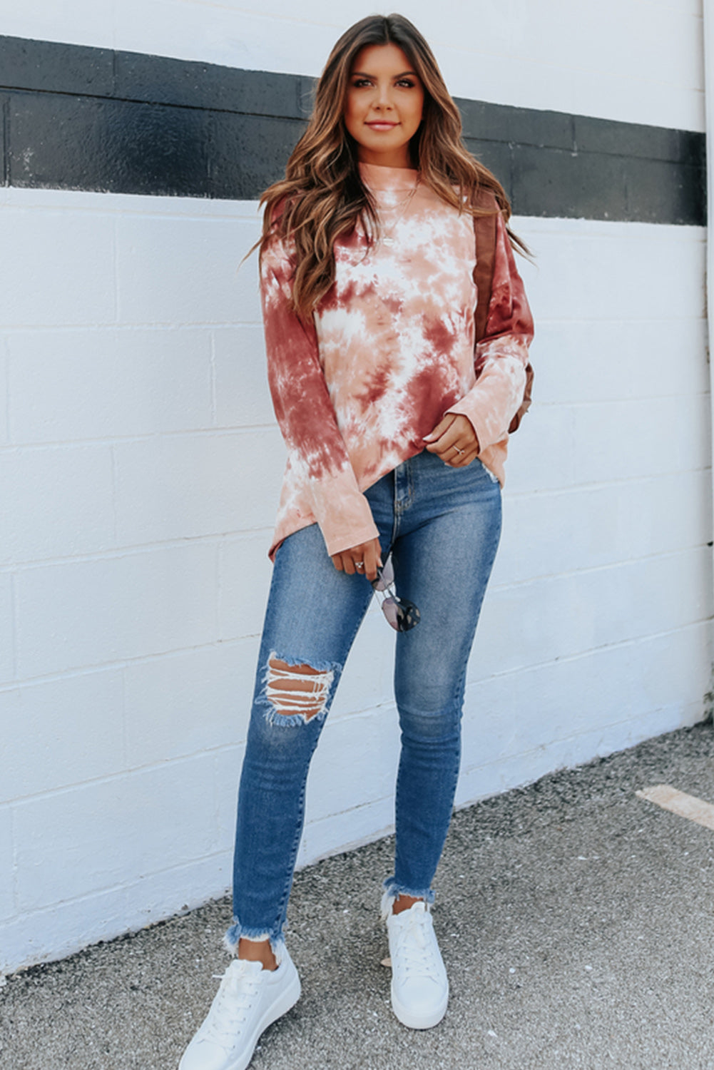Red Tie Dye Crew Neck Long Sleeve Top-yoyobikini