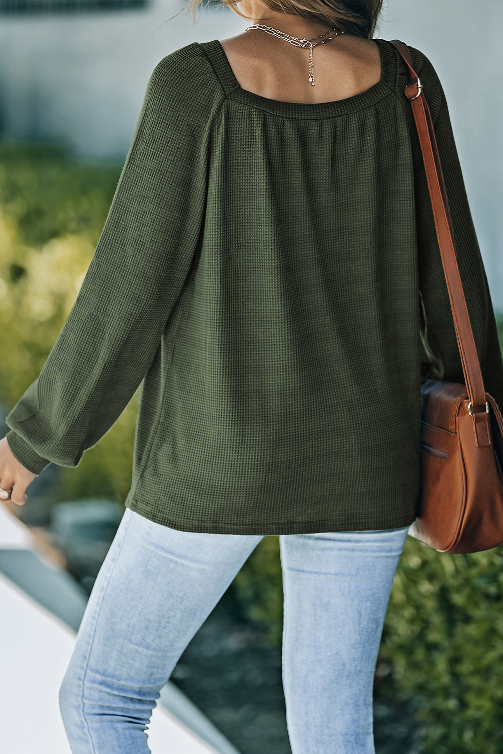 Green Scoop Neck Puff Sleeve Waffle Knit Top-yoyobikini